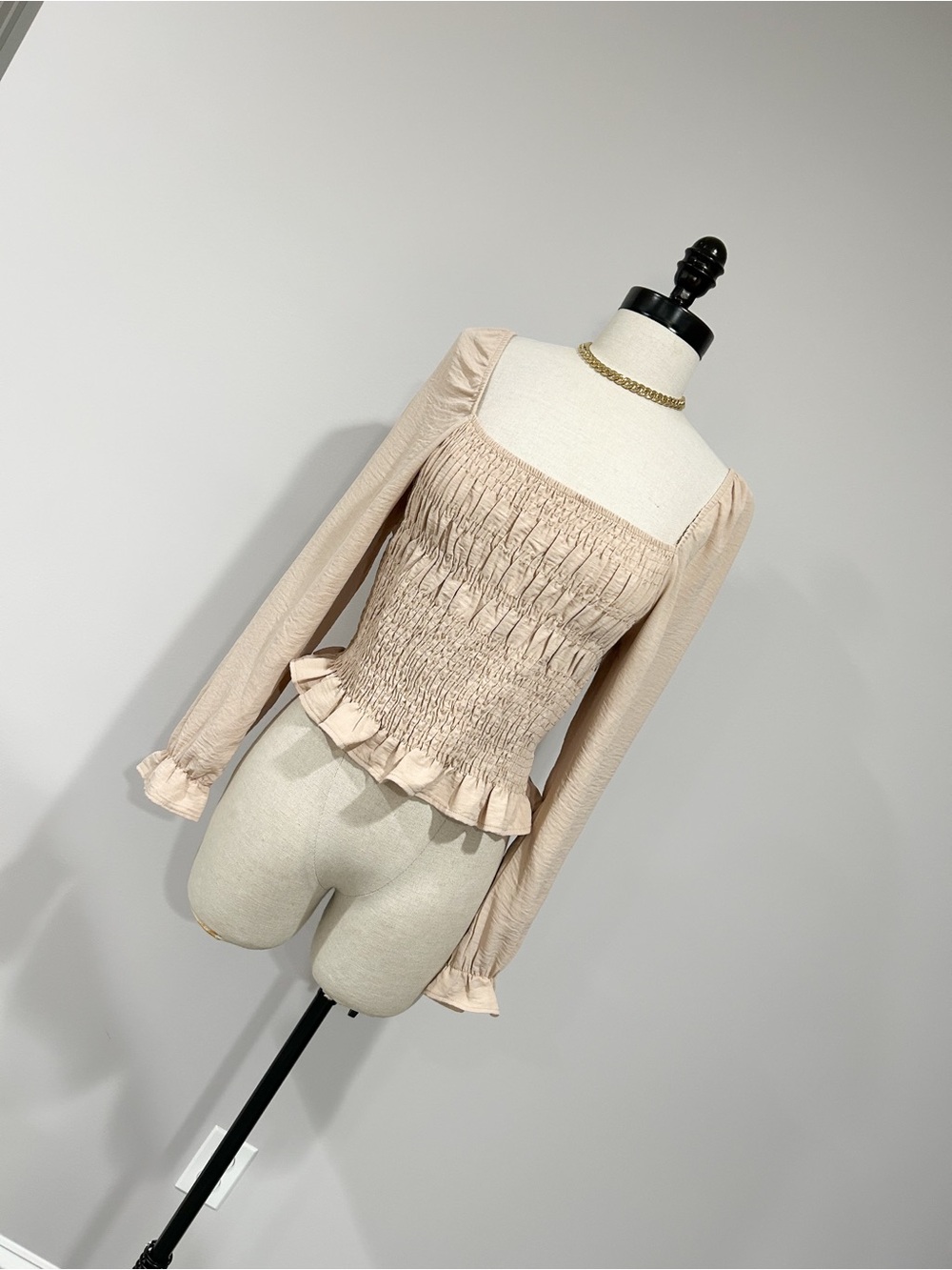 Smocked Square-Neck Blouse with Ruffle Hem - Cream